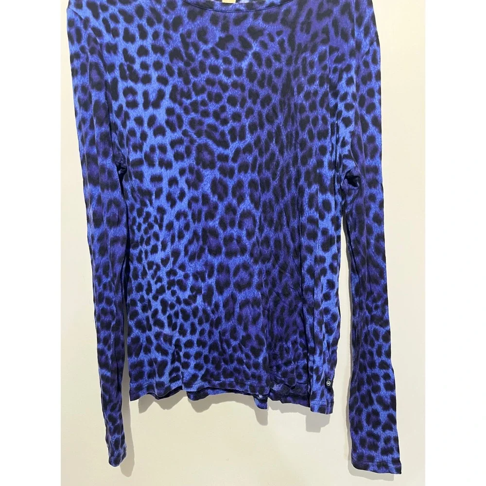 Michael Kors Womens XL Blue Black Leopard Animal Print Long Sleeve Crew Neck Top
